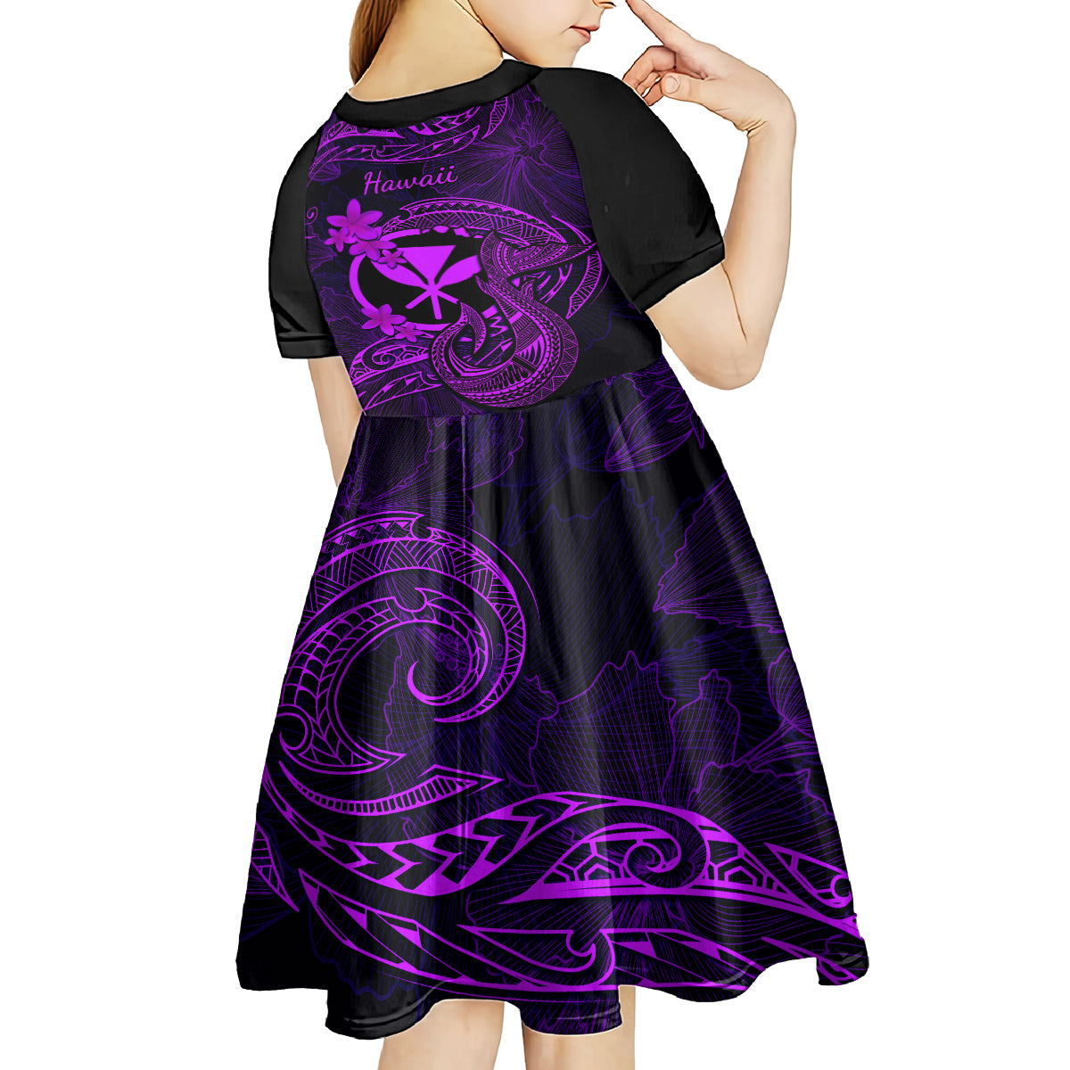 Hawaii Kid Short Sleeve Dress Fish Hook Tattoo Mix Polynesian Plumeria Purple Version - Wonder Print Shop