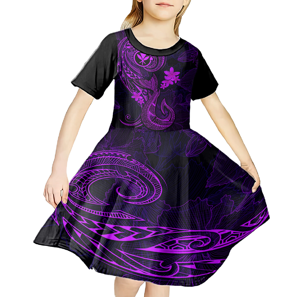 Hawaii Kid Short Sleeve Dress Fish Hook Tattoo Mix Polynesian Plumeria Purple Version - Wonder Print Shop
