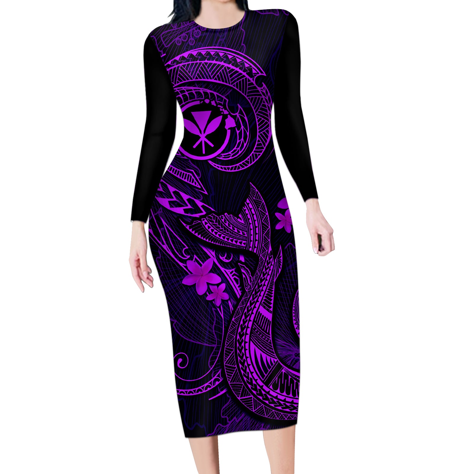 Hawaii Long Sleeve Bodycon Dress Fish Hook Tattoo Mix Polynesian Plumeria Purple Version - Wonder Print Shop