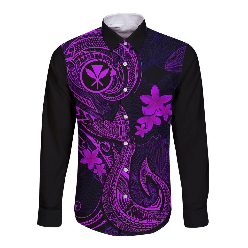 Hawaii Long Sleeve Button Shirt Fish Hook Tattoo Mix Polynesian Plumeria Purple Version - Wonder Print Shop