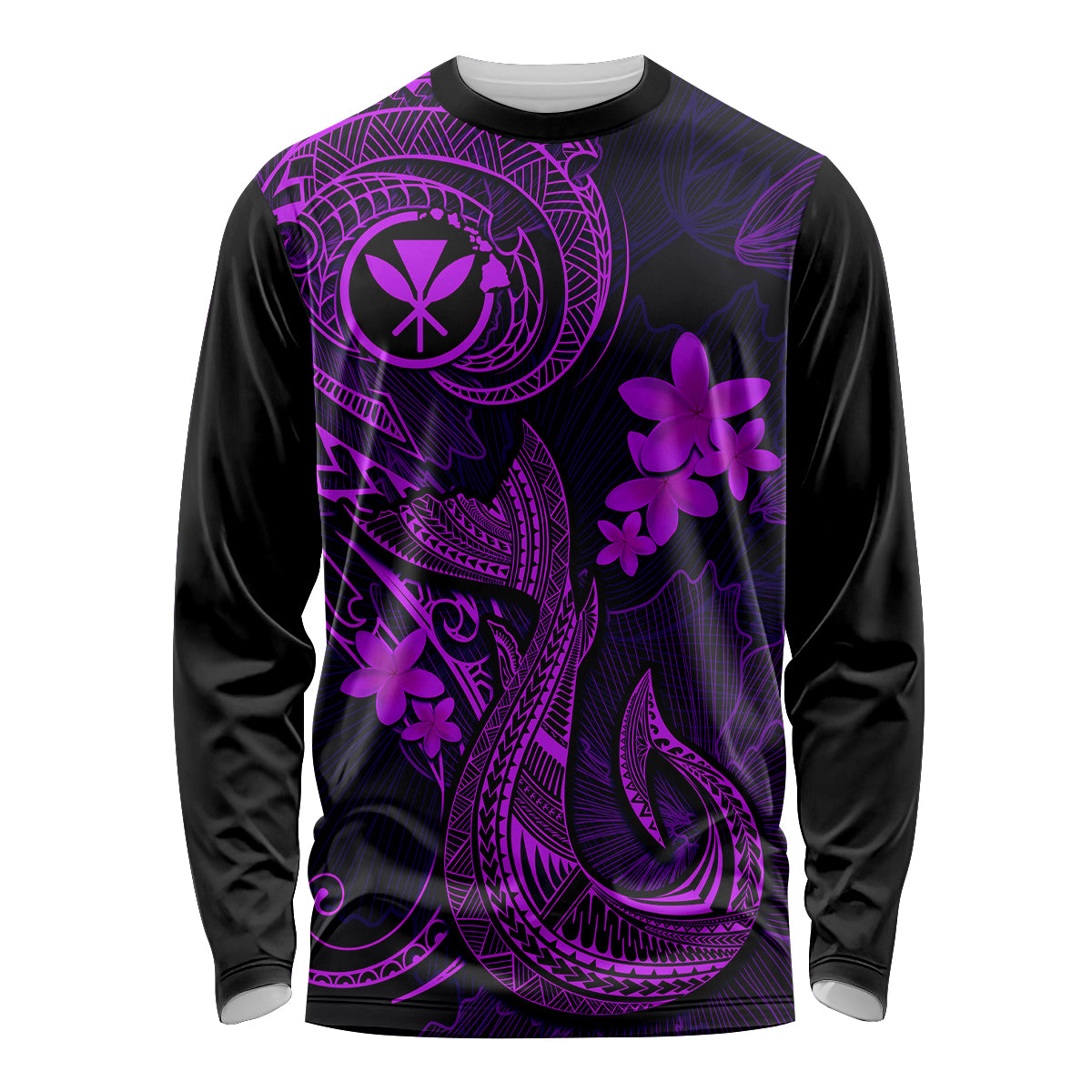 Hawaii Long Sleeve Shirt Fish Hook Tattoo Mix Polynesian Plumeria Purple Version - Wonder Print Shop