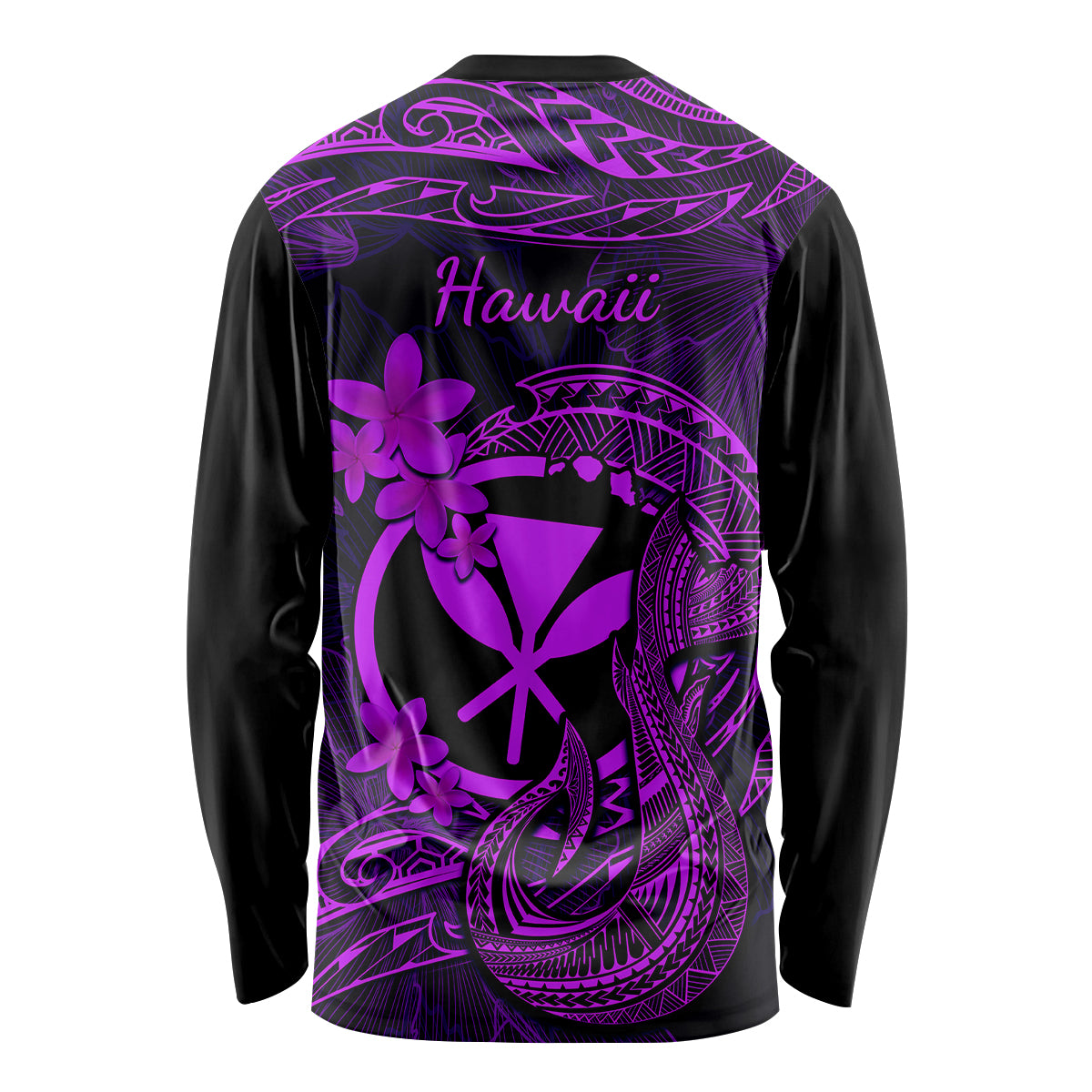 Hawaii Long Sleeve Shirt Fish Hook Tattoo Mix Polynesian Plumeria Purple Version - Wonder Print Shop