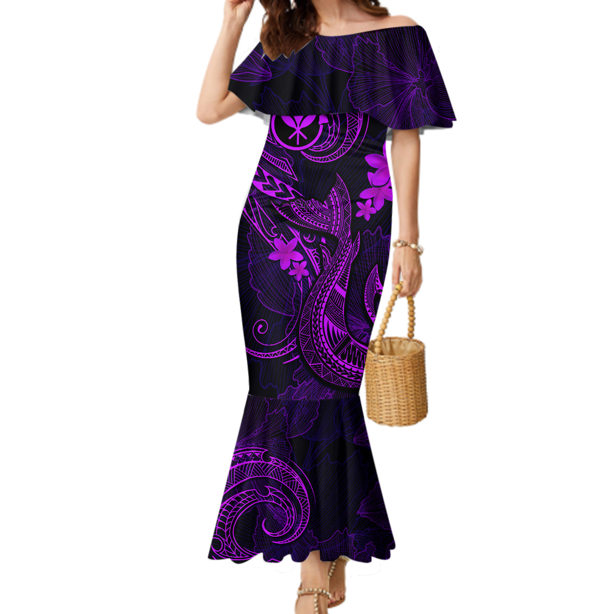 Hawaii Mermaid Dress Fish Hook Tattoo Mix Polynesian Plumeria Purple Version - Wonder Print Shop
