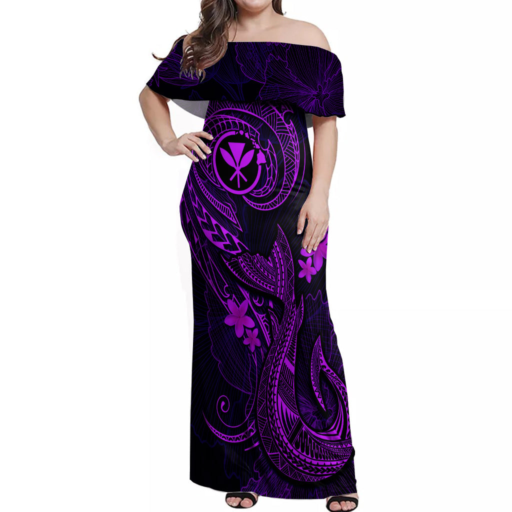 Hawaii Off Shoulder Maxi Dress Fish Hook Tattoo Mix Polynesian Plumeria Purple Version - Wonder Print Shop