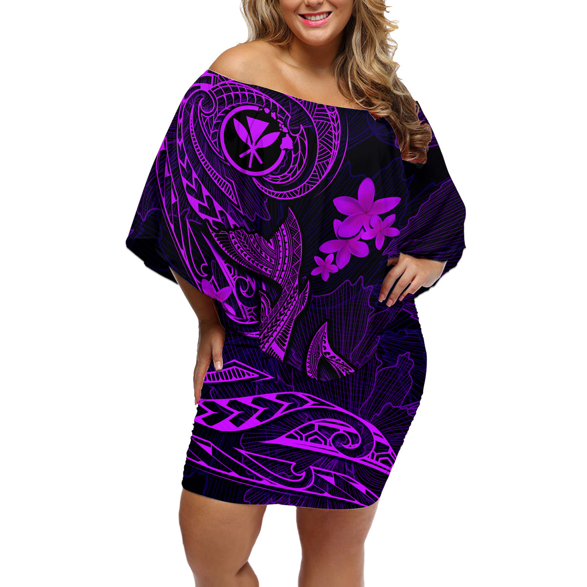 Hawaii Off Shoulder Short Dress Fish Hook Tattoo Mix Polynesian Plumeria Purple Version - Wonder Print Shop
