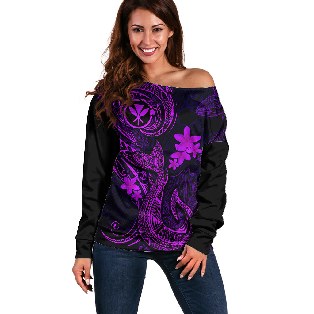 Hawaii Off Shoulder Sweater Fish Hook Tattoo Mix Polynesian Plumeria Purple Version - Wonder Print Shop