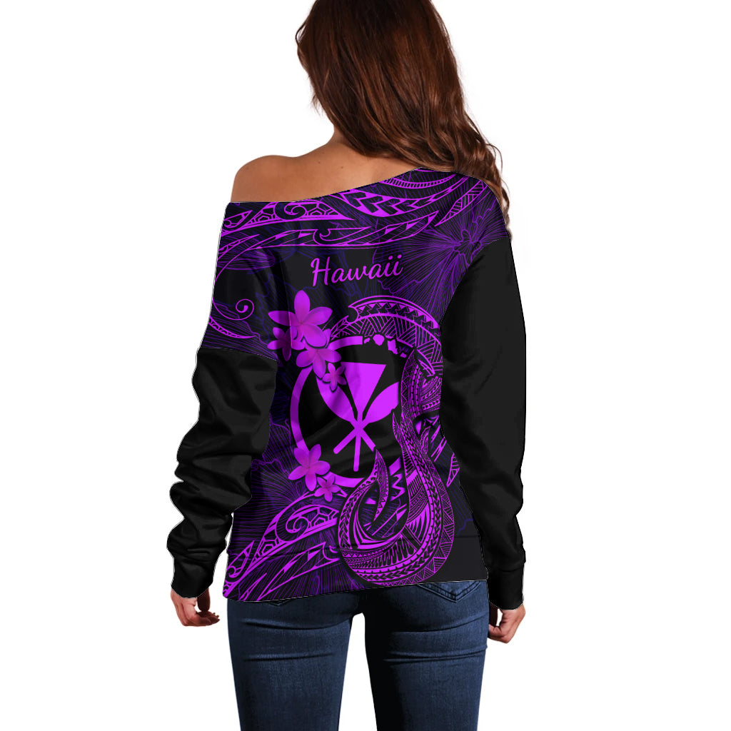 Hawaii Off Shoulder Sweater Fish Hook Tattoo Mix Polynesian Plumeria Purple Version - Wonder Print Shop