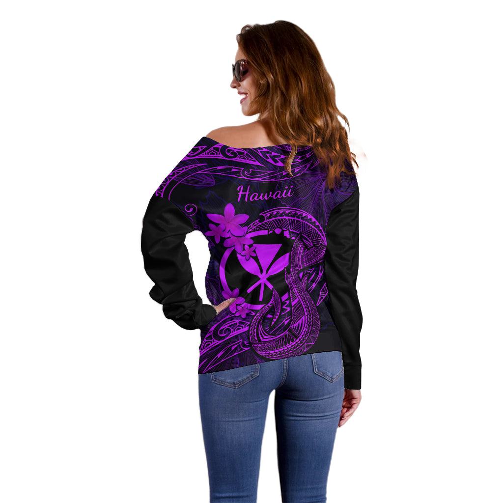 Hawaii Off Shoulder Sweater Fish Hook Tattoo Mix Polynesian Plumeria Purple Version - Wonder Print Shop