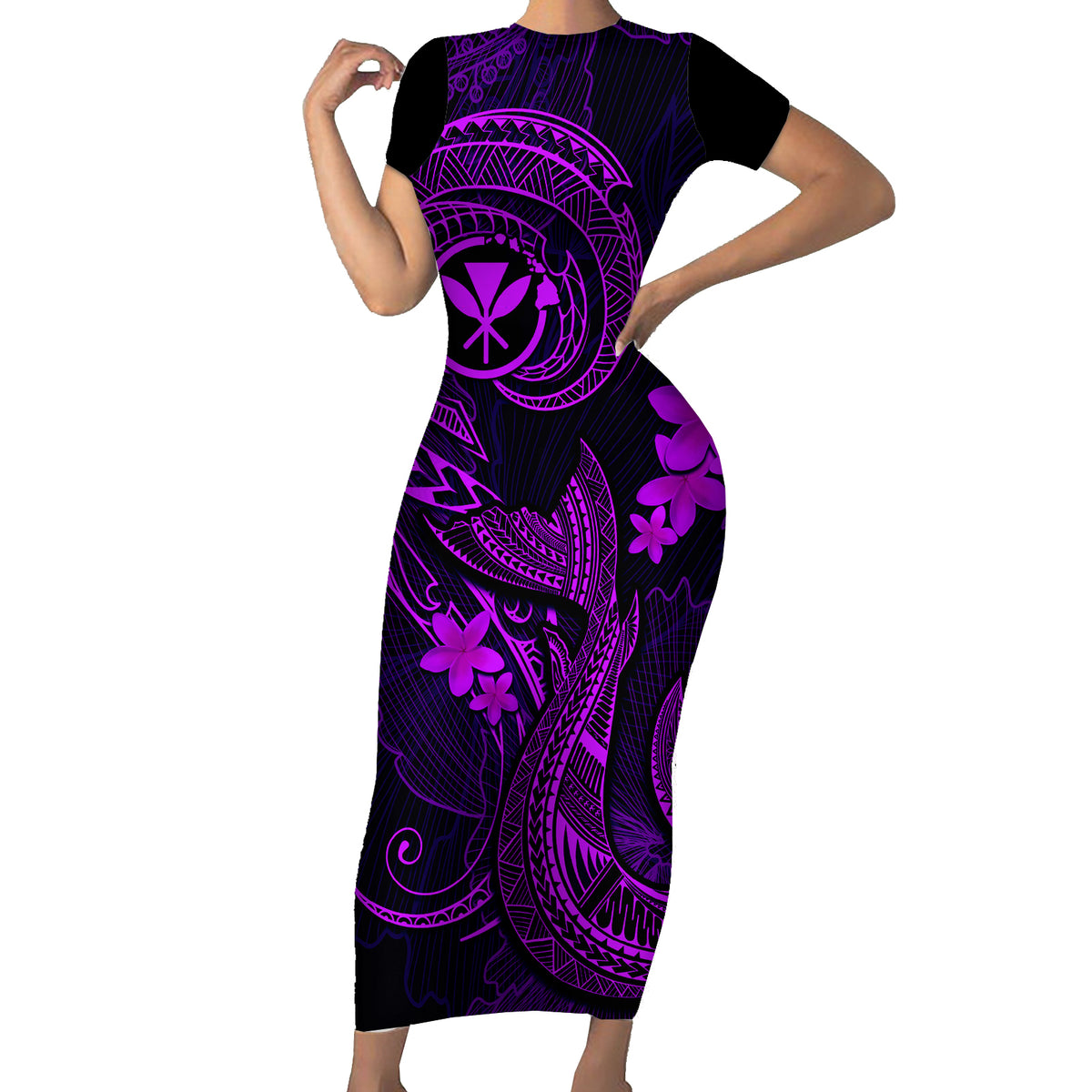 Hawaii Short Sleeve Bodycon Dress Fish Hook Tattoo Mix Polynesian Plumeria Purple Version - Wonder Print Shop