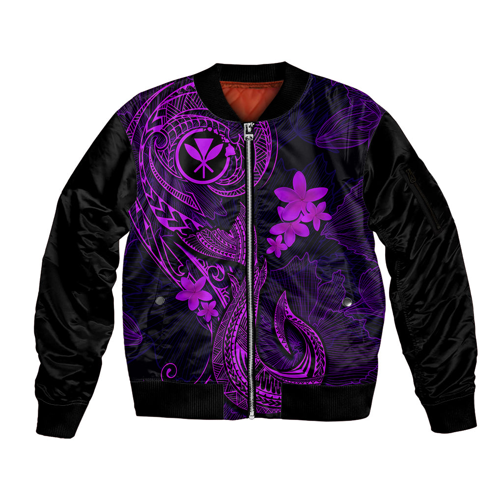 Hawaii Sleeve Zip Bomber Jacket Fish Hook Tattoo Mix Polynesian Plumeria Purple Version - Wonder Print Shop