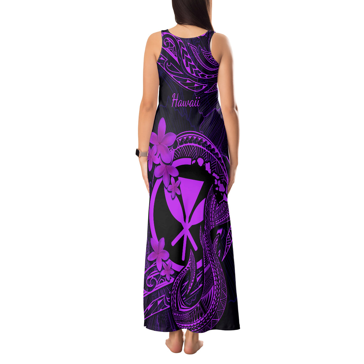 Hawaii Tank Maxi Dress Fish Hook Tattoo Mix Polynesian Plumeria Purple Version - Wonder Print Shop