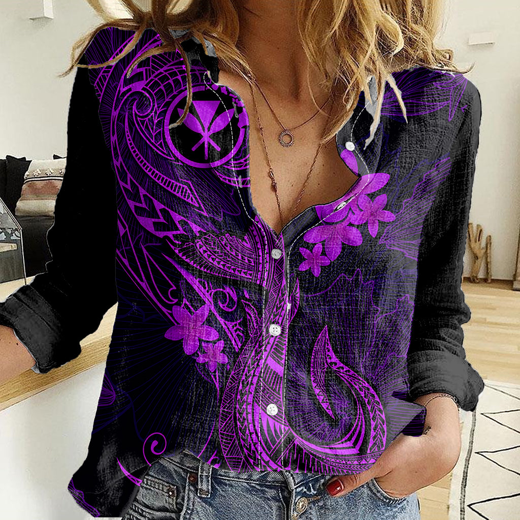 Hawaii Women Casual Shirt Fish Hook Tattoo Mix Polynesian Plumeria Purple Version - Wonder Print Shop