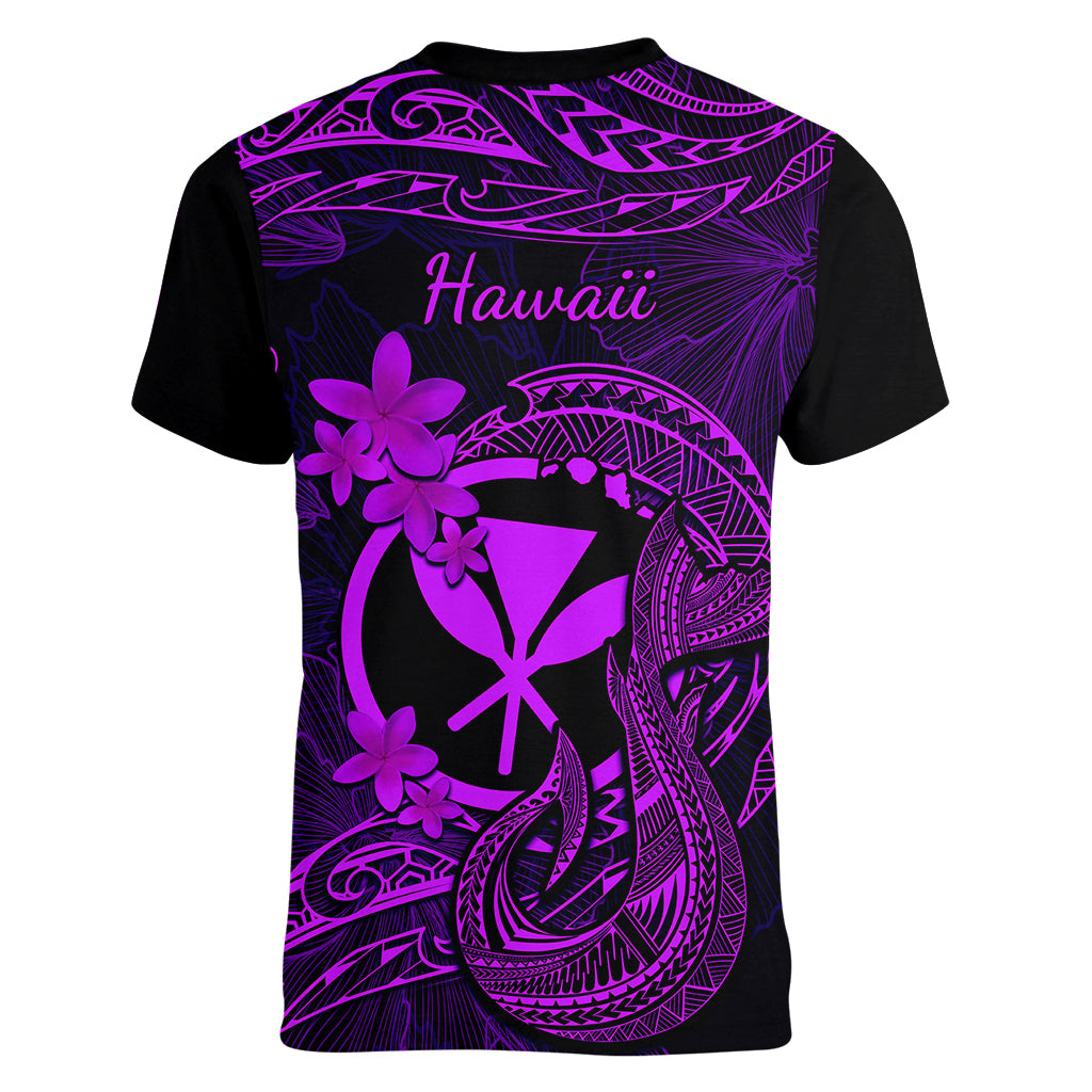 Hawaii Women V Neck T Shirt Fish Hook Tattoo Mix Polynesian Plumeria Purple Version - Wonder Print Shop