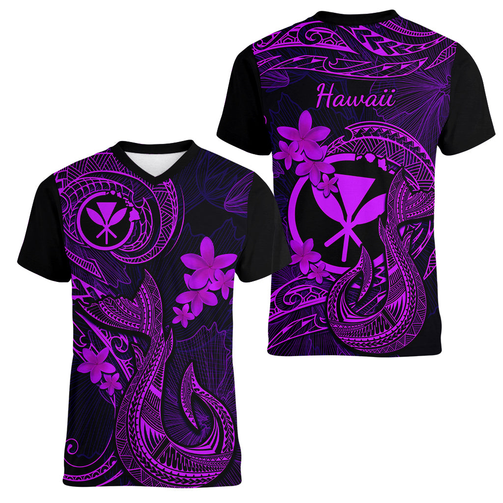 Hawaii Women V Neck T Shirt Fish Hook Tattoo Mix Polynesian Plumeria Purple Version - Wonder Print Shop
