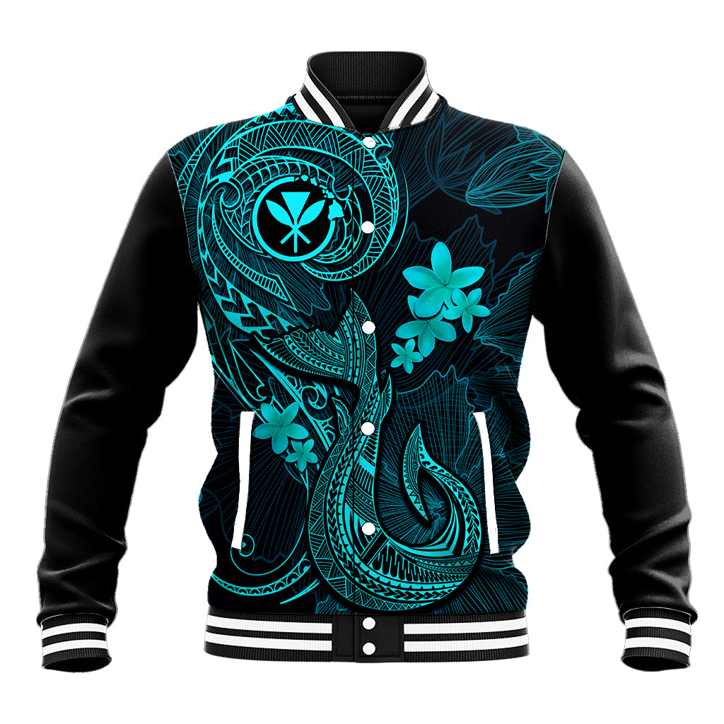 Hawaii Baseball Jacket Fish Hook Tattoo Mix Polynesian Plumeria Turquoise Version - Wonder Print Shop