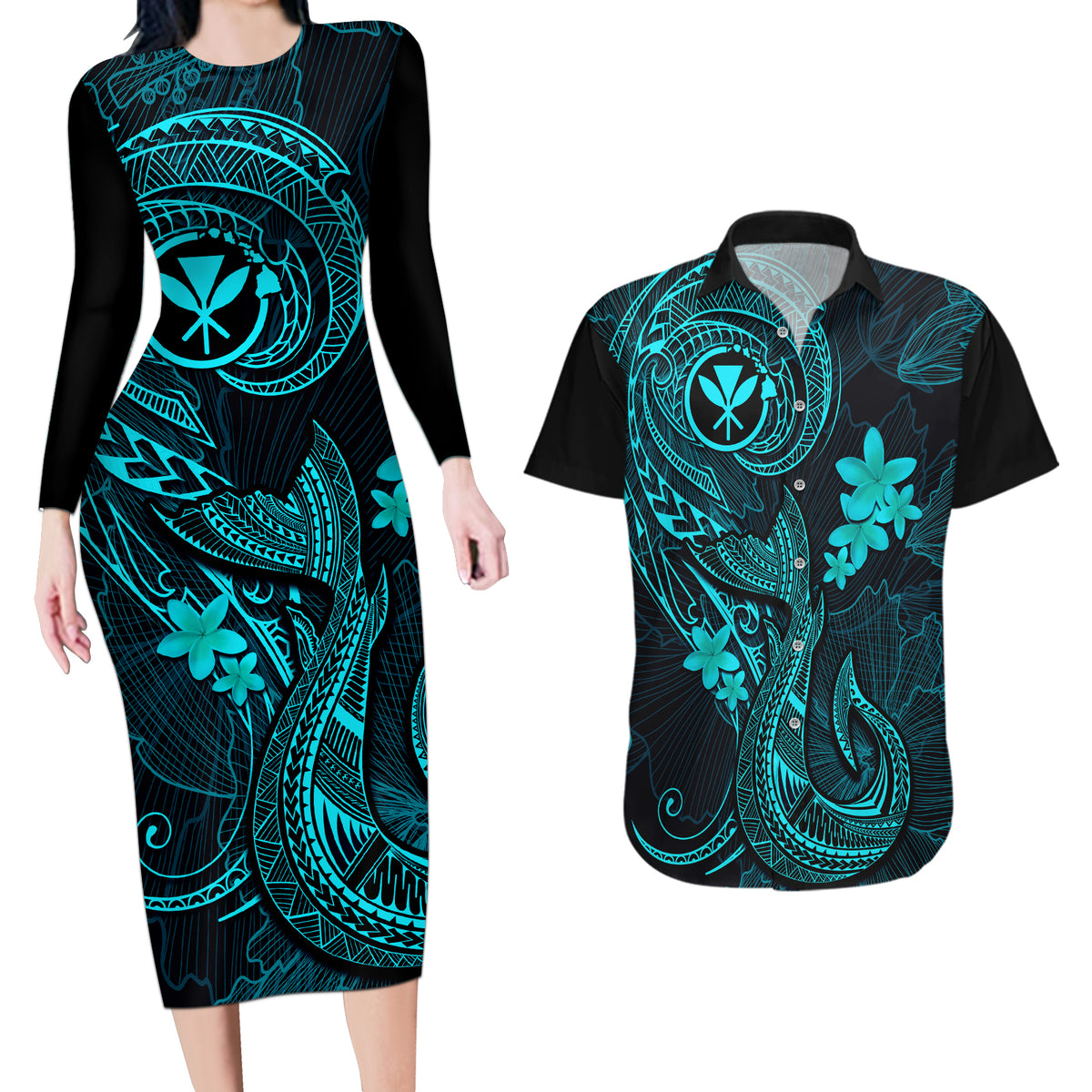 Hawaii Couples Matching Long Sleeve Bodycon Dress and Hawaiian Shirt Fish Hook Tattoo Mix Polynesian Plumeria Turquoise Version - Wonder Print Shop