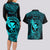 Hawaii Couples Matching Long Sleeve Bodycon Dress and Hawaiian Shirt Fish Hook Tattoo Mix Polynesian Plumeria Turquoise Version - Wonder Print Shop