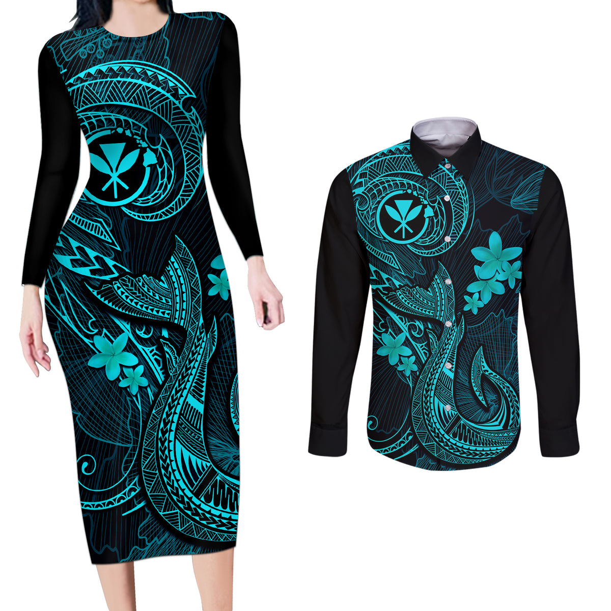 Hawaii Couples Matching Long Sleeve Bodycon Dress and Long Sleeve Button Shirts Fish Hook Tattoo Mix Polynesian Plumeria Turquoise Version - Wonder Print Shop