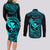 Hawaii Couples Matching Long Sleeve Bodycon Dress and Long Sleeve Button Shirts Fish Hook Tattoo Mix Polynesian Plumeria Turquoise Version - Wonder Print Shop