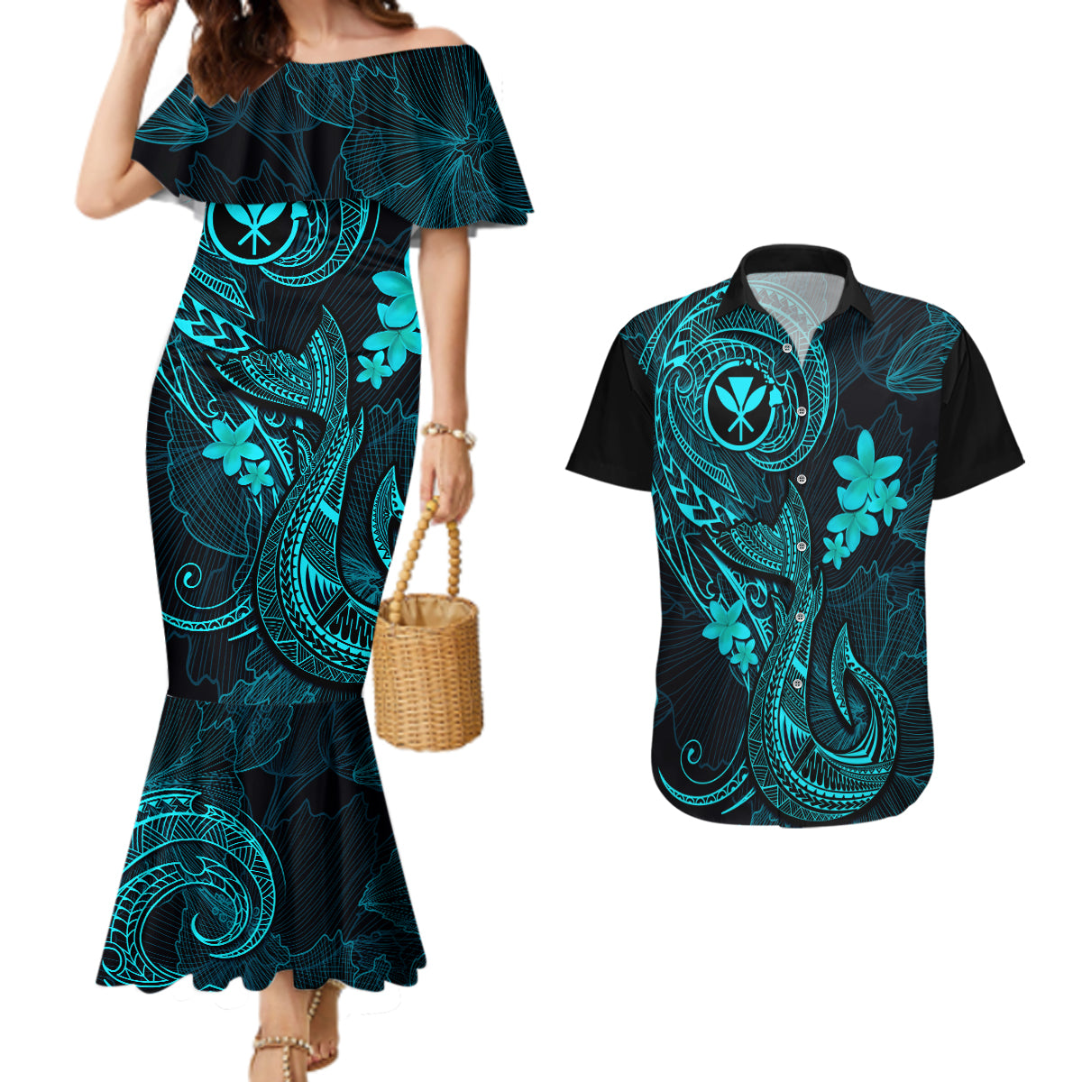 Hawaii Couples Matching Mermaid Dress and Hawaiian Shirt Fish Hook Tattoo Mix Polynesian Plumeria Turquoise Version - Wonder Print Shop