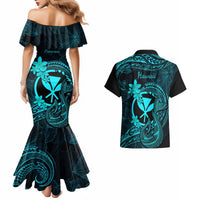 Hawaii Couples Matching Mermaid Dress and Hawaiian Shirt Fish Hook Tattoo Mix Polynesian Plumeria Turquoise Version - Wonder Print Shop