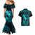 Hawaii Couples Matching Mermaid Dress and Hawaiian Shirt Fish Hook Tattoo Mix Polynesian Plumeria Turquoise Version - Wonder Print Shop