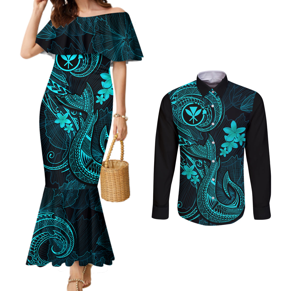hawaii-couples-matching-mermaid-dress-and-long-sleeve-button-shirts-fish-hook-tattoo-mix-polynesian-plumeria-turquoise-version