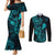 hawaii-couples-matching-mermaid-dress-and-long-sleeve-button-shirts-fish-hook-tattoo-mix-polynesian-plumeria-turquoise-version