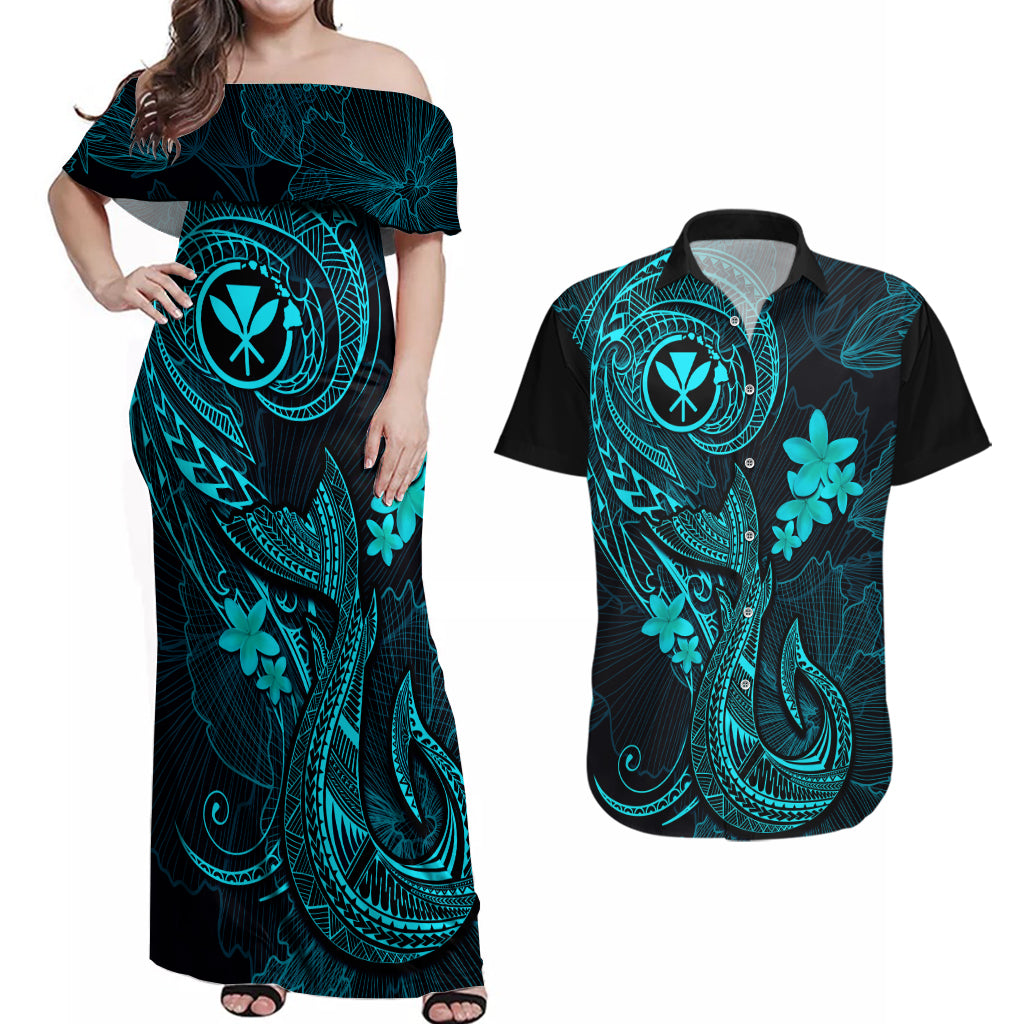 Hawaii Couples Matching Off Shoulder Maxi Dress and Hawaiian Shirt Fish Hook Tattoo Mix Polynesian Plumeria Turquoise Version - Wonder Print Shop