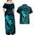 Hawaii Couples Matching Off Shoulder Maxi Dress and Hawaiian Shirt Fish Hook Tattoo Mix Polynesian Plumeria Turquoise Version - Wonder Print Shop
