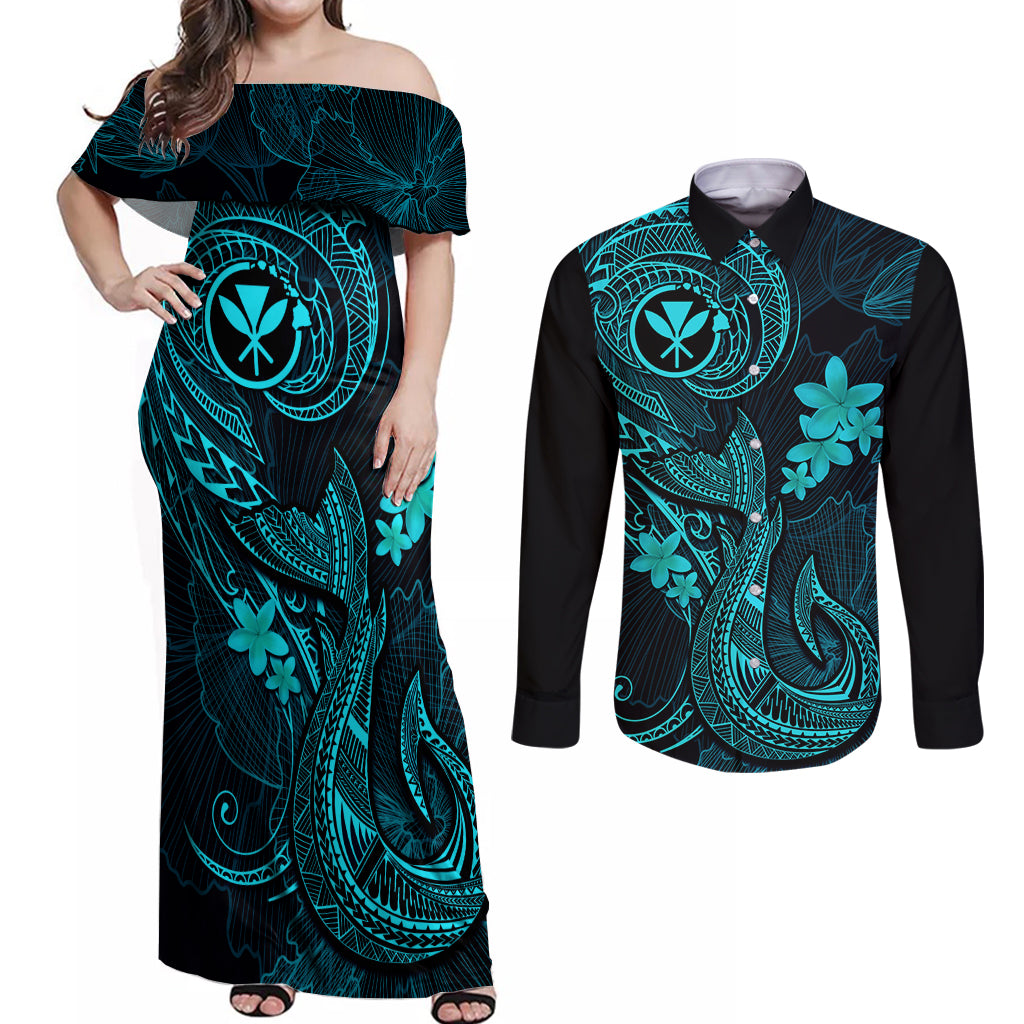 Hawaii Couples Matching Off Shoulder Maxi Dress and Long Sleeve Button Shirts Fish Hook Tattoo Mix Polynesian Plumeria Turquoise Version - Wonder Print Shop