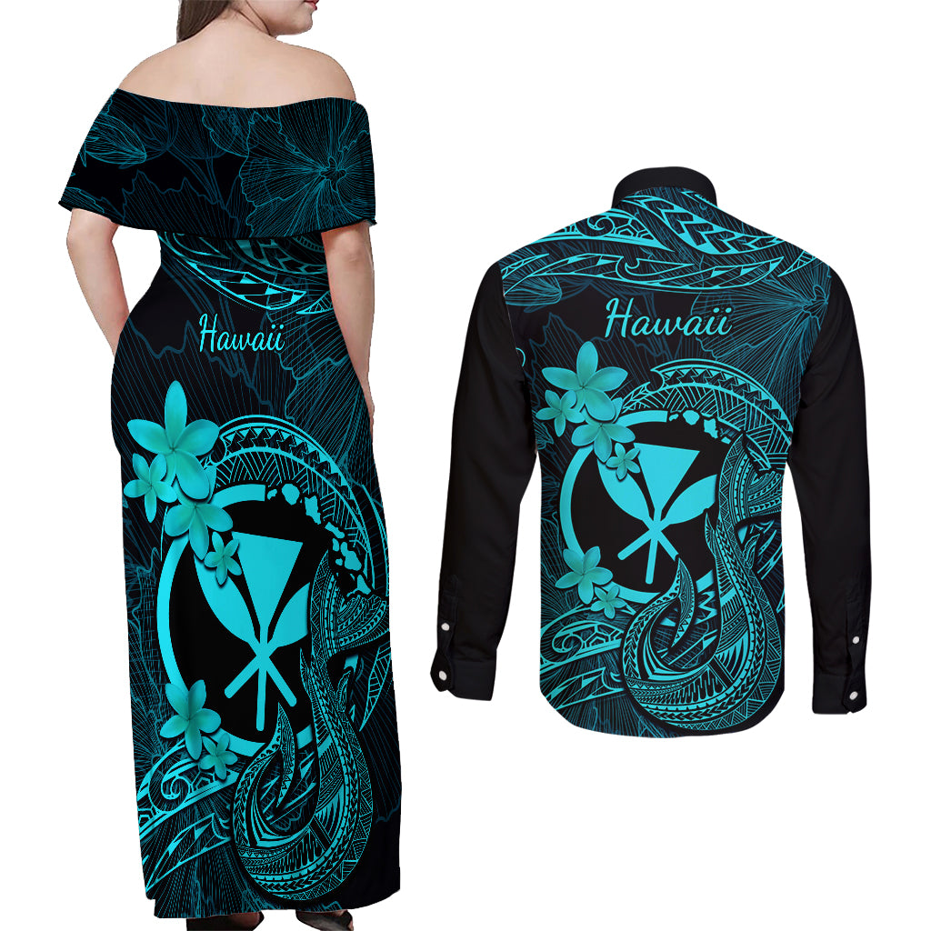 Hawaii Couples Matching Off Shoulder Maxi Dress and Long Sleeve Button Shirts Fish Hook Tattoo Mix Polynesian Plumeria Turquoise Version - Wonder Print Shop