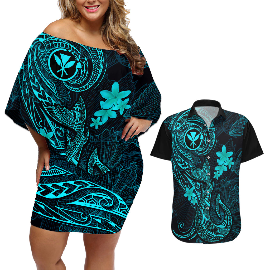 Hawaii Couples Matching Off Shoulder Short Dress and Hawaiian Shirt Fish Hook Tattoo Mix Polynesian Plumeria Turquoise Version - Wonder Print Shop