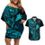 Hawaii Couples Matching Off Shoulder Short Dress and Hawaiian Shirt Fish Hook Tattoo Mix Polynesian Plumeria Turquoise Version - Wonder Print Shop
