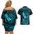 Hawaii Couples Matching Off Shoulder Short Dress and Hawaiian Shirt Fish Hook Tattoo Mix Polynesian Plumeria Turquoise Version - Wonder Print Shop