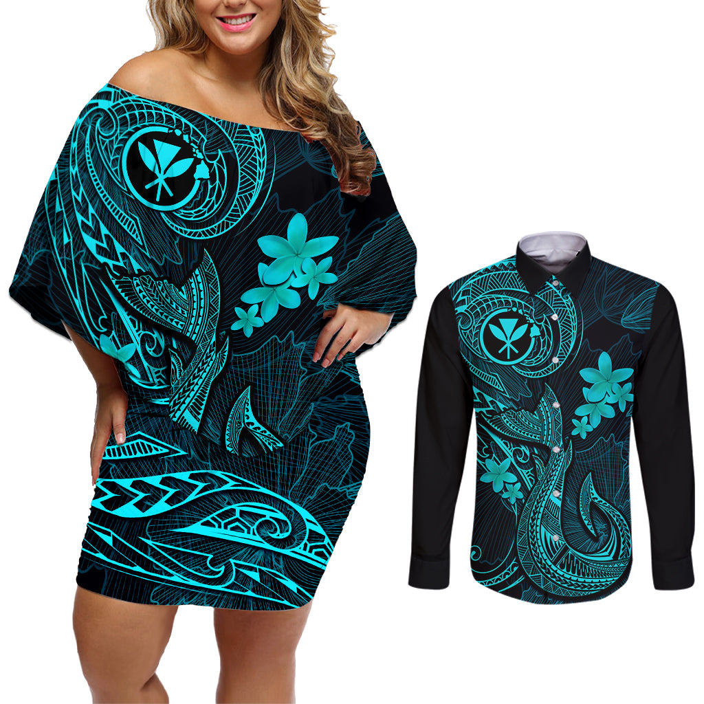 Hawaii Couples Matching Off Shoulder Short Dress and Long Sleeve Button Shirts Fish Hook Tattoo Mix Polynesian Plumeria Turquoise Version - Wonder Print Shop
