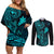 Hawaii Couples Matching Off Shoulder Short Dress and Long Sleeve Button Shirts Fish Hook Tattoo Mix Polynesian Plumeria Turquoise Version - Wonder Print Shop