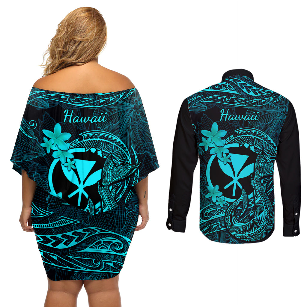 Hawaii Couples Matching Off Shoulder Short Dress and Long Sleeve Button Shirts Fish Hook Tattoo Mix Polynesian Plumeria Turquoise Version - Wonder Print Shop