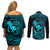 Hawaii Couples Matching Off Shoulder Short Dress and Long Sleeve Button Shirts Fish Hook Tattoo Mix Polynesian Plumeria Turquoise Version - Wonder Print Shop