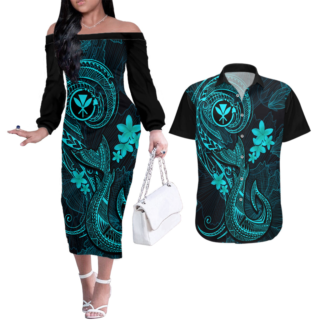 Hawaii Couples Matching Off The Shoulder Long Sleeve Dress and Hawaiian Shirt Fish Hook Tattoo Mix Polynesian Plumeria Turquoise Version - Wonder Print Shop