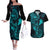Hawaii Couples Matching Off The Shoulder Long Sleeve Dress and Hawaiian Shirt Fish Hook Tattoo Mix Polynesian Plumeria Turquoise Version - Wonder Print Shop