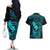 Hawaii Couples Matching Off The Shoulder Long Sleeve Dress and Hawaiian Shirt Fish Hook Tattoo Mix Polynesian Plumeria Turquoise Version - Wonder Print Shop