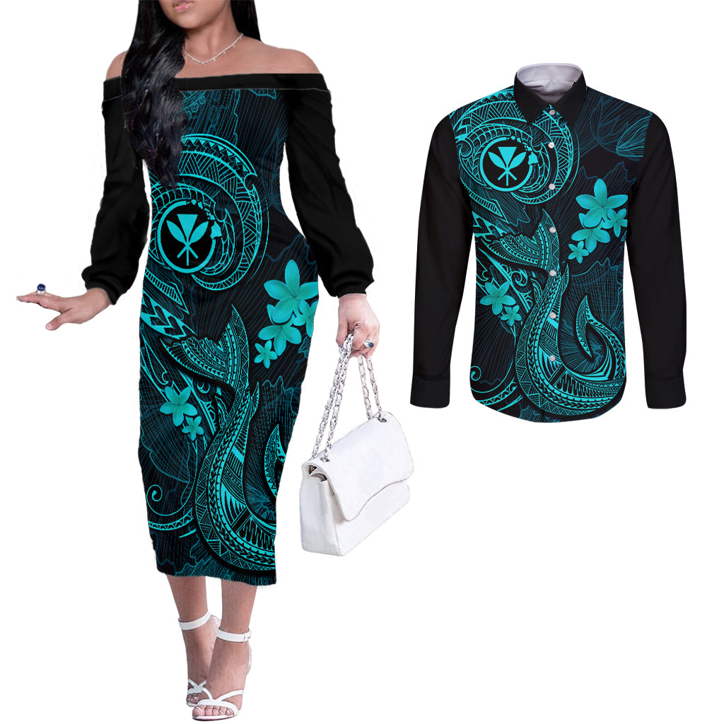 hawaii-couples-matching-off-the-shoulder-long-sleeve-dress-and-long-sleeve-button-shirts-fish-hook-tattoo-mix-polynesian-plumeria-turquoise-version