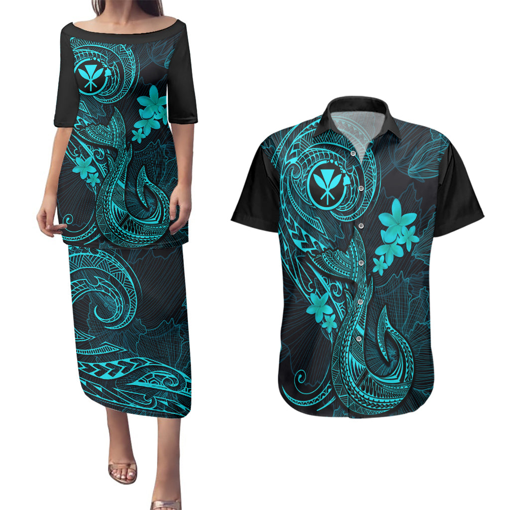 Hawaii Couples Matching Puletasi Dress and Hawaiian Shirt Fish Hook Tattoo Mix Polynesian Plumeria Turquoise Version - Wonder Print Shop