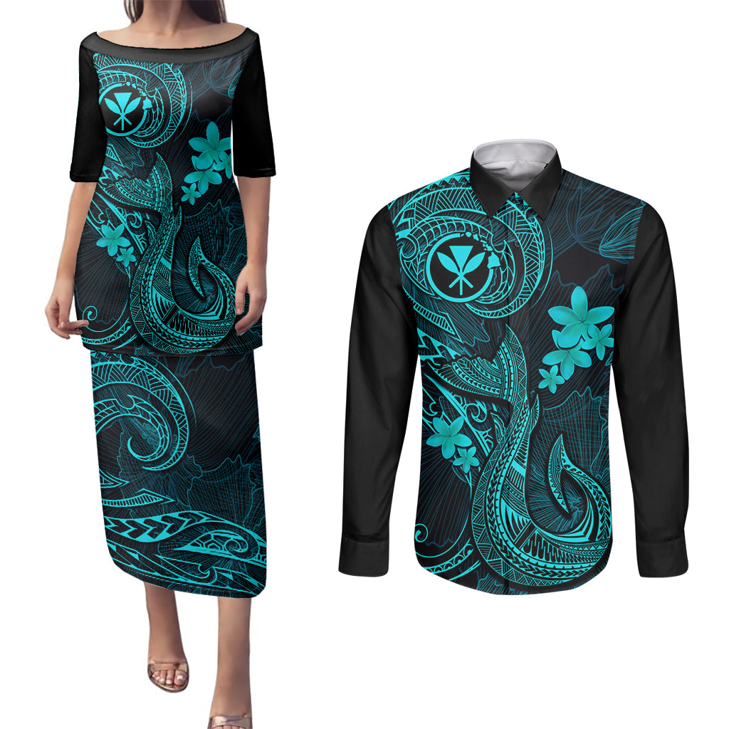 Hawaii Couples Matching Puletasi Dress and Long Sleeve Button Shirts Fish Hook Tattoo Mix Polynesian Plumeria Turquoise Version - Wonder Print Shop