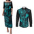 Hawaii Couples Matching Puletasi Dress and Long Sleeve Button Shirts Fish Hook Tattoo Mix Polynesian Plumeria Turquoise Version - Wonder Print Shop