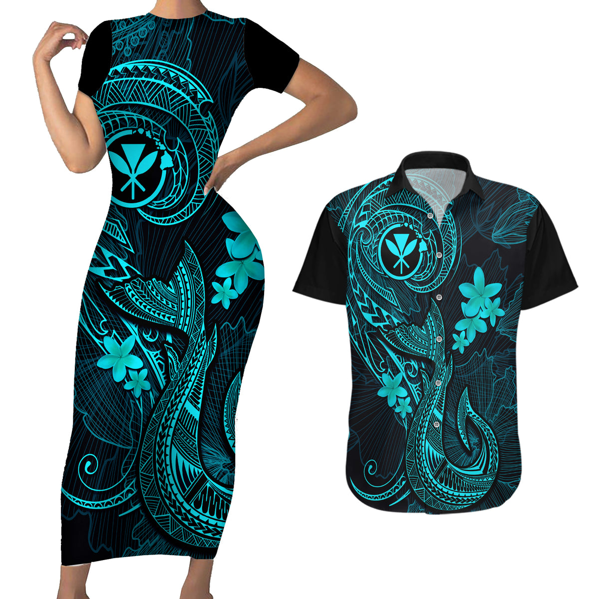 Hawaii Couples Matching Short Sleeve Bodycon Dress and Hawaiian Shirt Fish Hook Tattoo Mix Polynesian Plumeria Turquoise Version - Wonder Print Shop