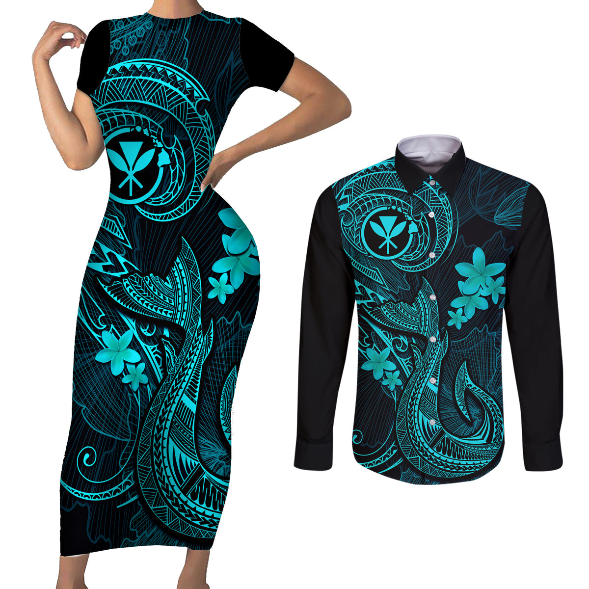 Hawaii Couples Matching Short Sleeve Bodycon Dress and Long Sleeve Button Shirts Fish Hook Tattoo Mix Polynesian Plumeria Turquoise Version - Wonder Print Shop