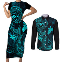 Hawaii Couples Matching Short Sleeve Bodycon Dress and Long Sleeve Button Shirts Fish Hook Tattoo Mix Polynesian Plumeria Turquoise Version - Wonder Print Shop