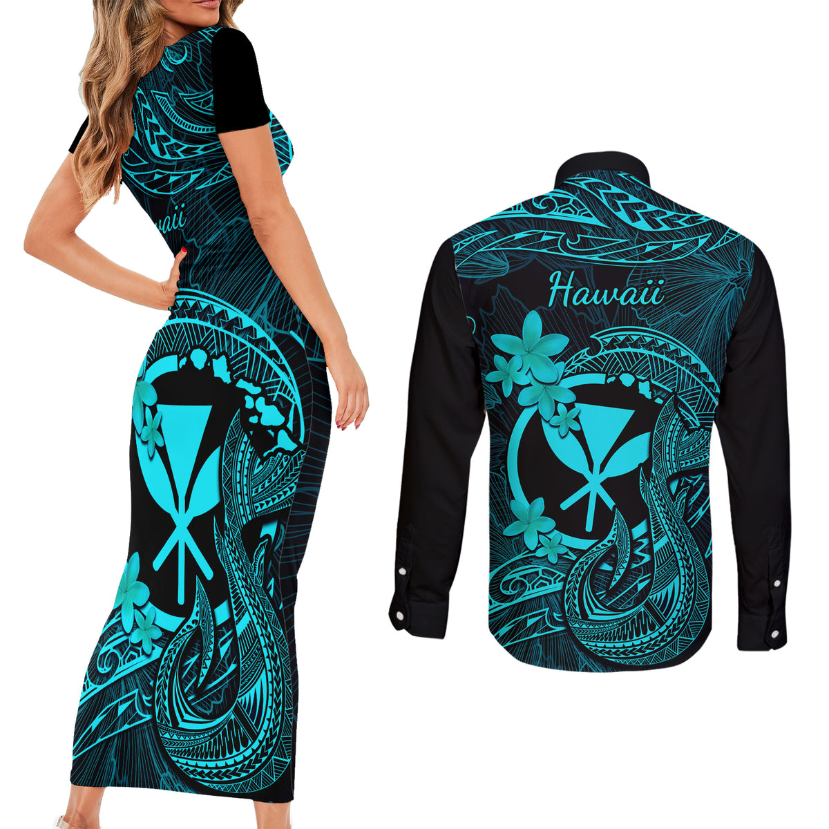 Hawaii Couples Matching Short Sleeve Bodycon Dress and Long Sleeve Button Shirts Fish Hook Tattoo Mix Polynesian Plumeria Turquoise Version - Wonder Print Shop